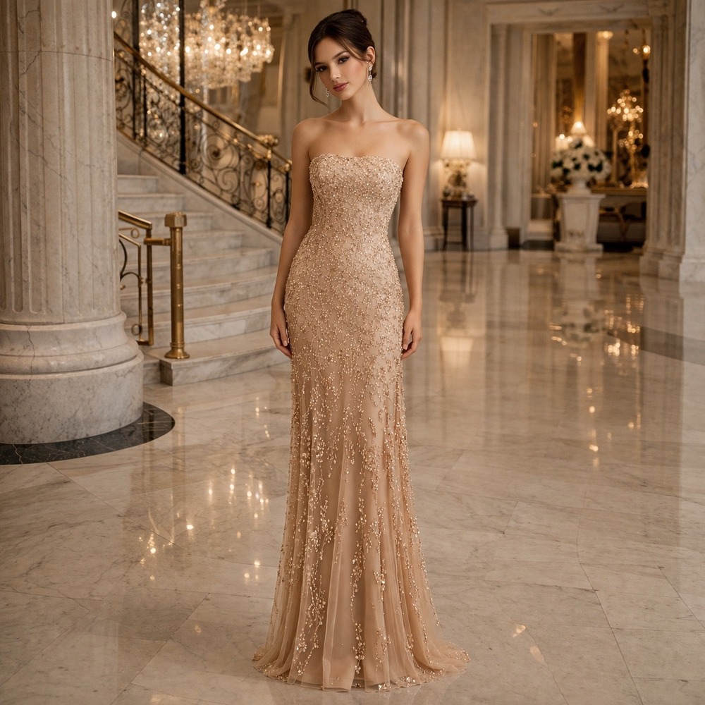 Cache Sequin Beaded Strapless Gown Champagne Formal Prom Mesh‎ Maxi NWT